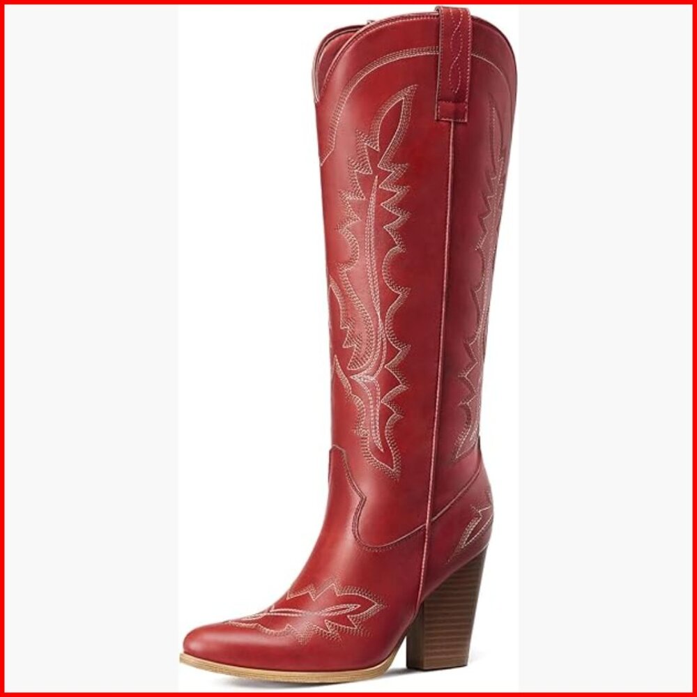 Women's Red Embroidered Heeled Cowboy Boot